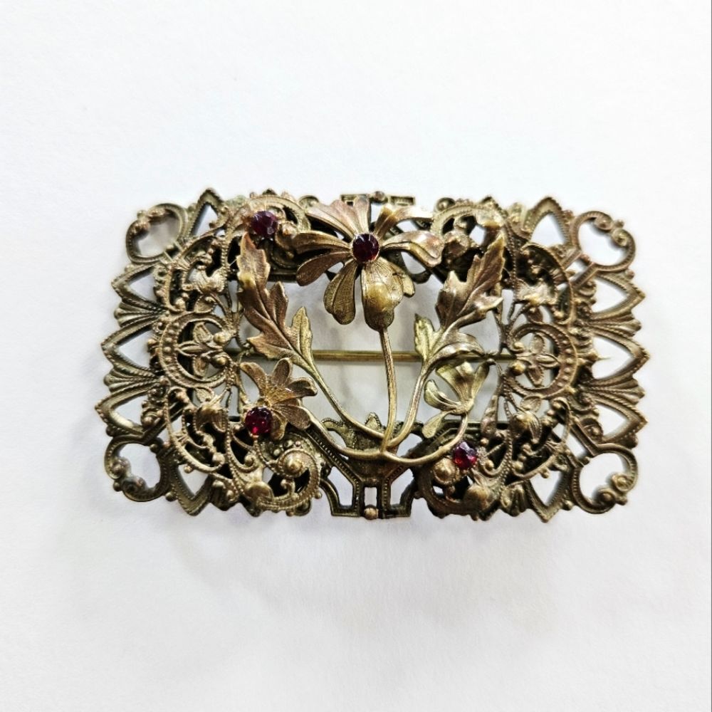 Vintage Antique Art Nouveau Floral Brass Red Rhinestone Sash Scarf Pin Brooch